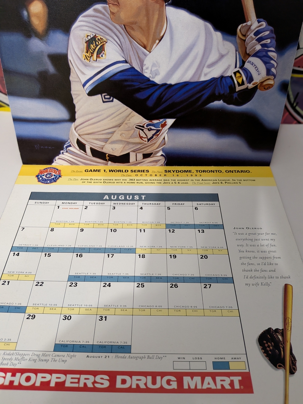 1994 ⚾ Toronto Blue Jays WORLD SERIES CHAMPIONS 🐦 Calendar (Shoppers Drug Mart)